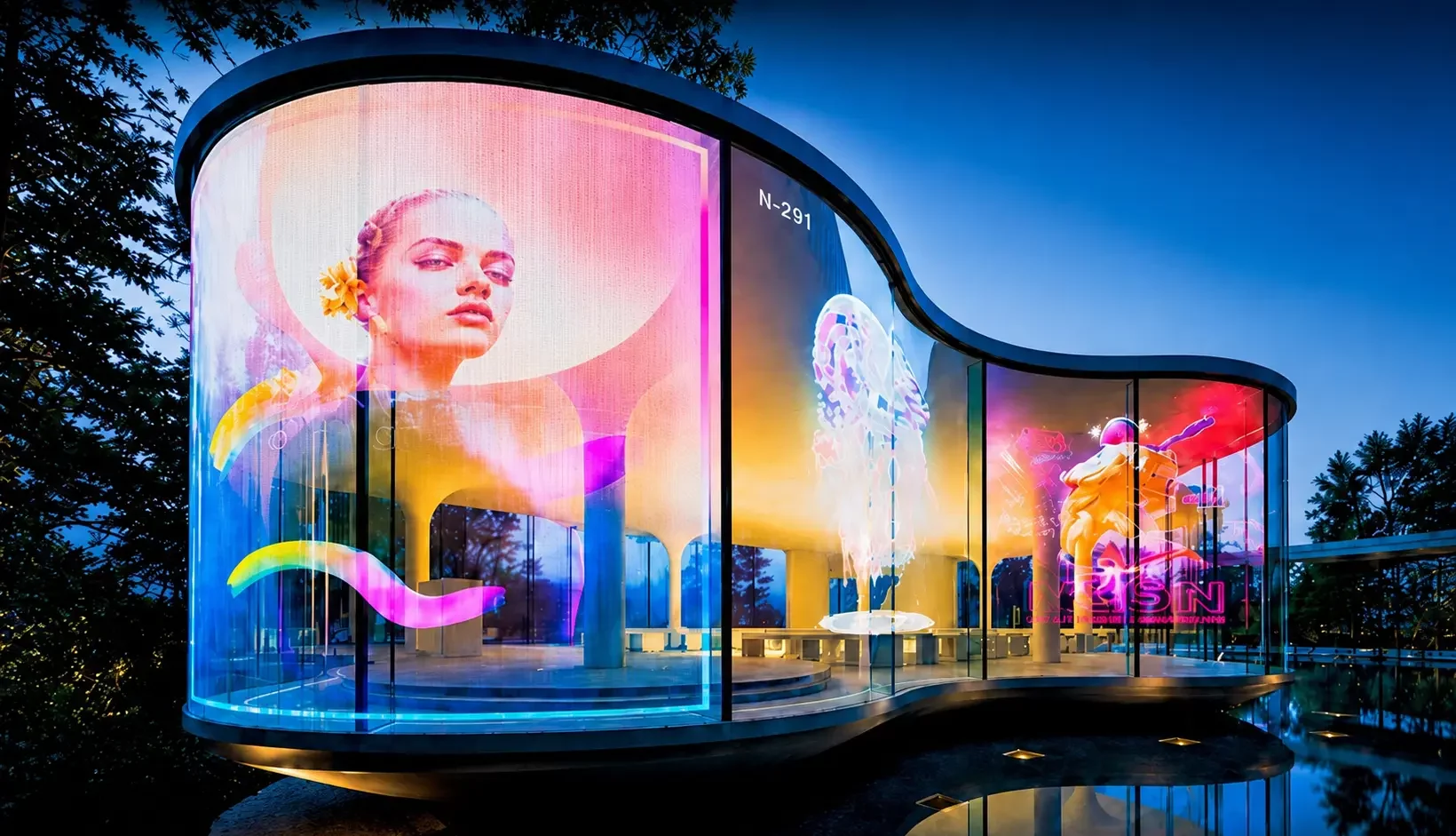 Pantalla LED transparente integrada en fachada de vidrio curva